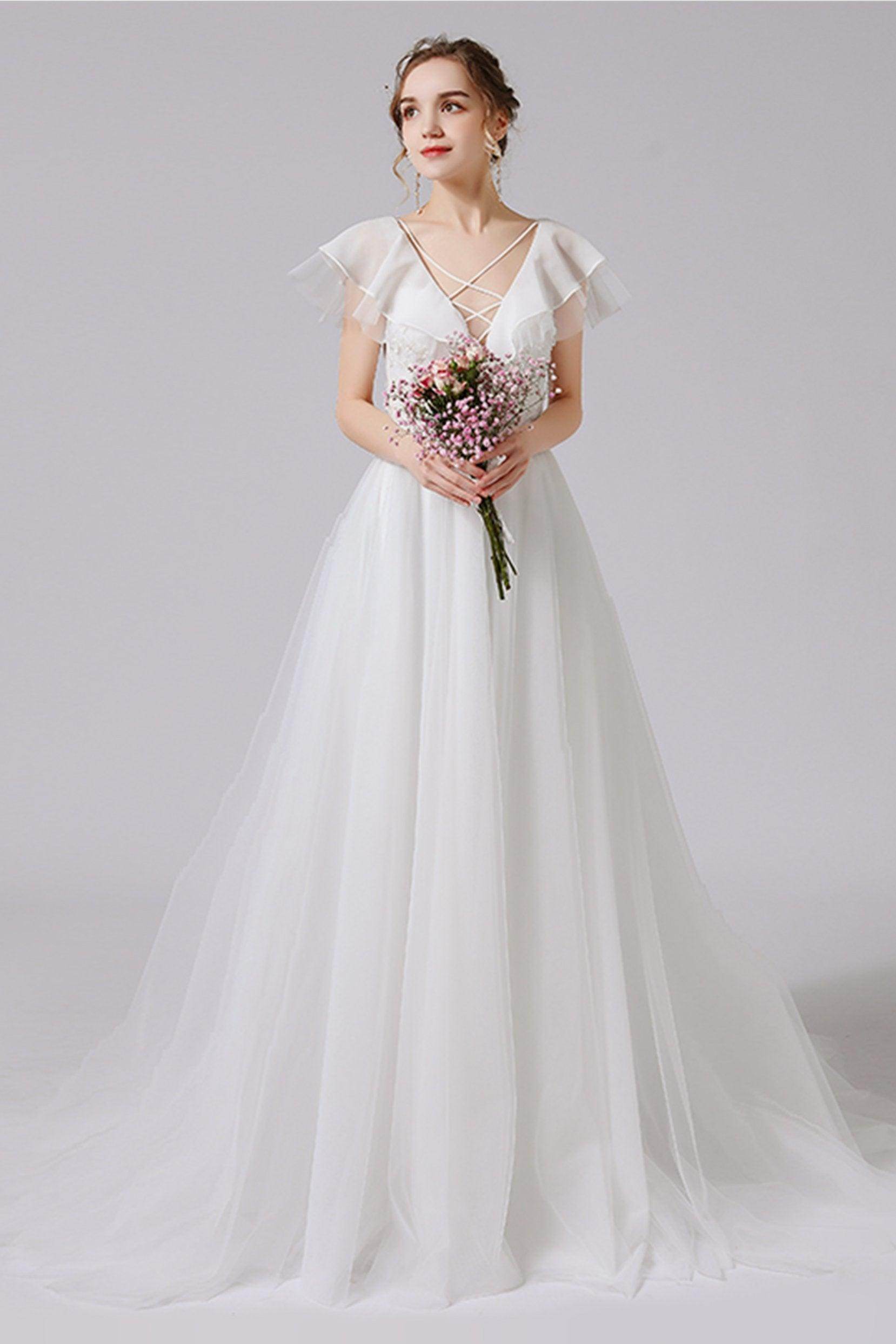 A-Line Sweep-Brush Train Lace Tulle Wedding Dress CW2710 - COCOMELODY